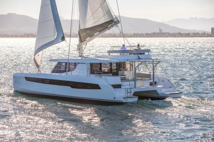 Exterior view of SEAMANTA, a Leopard 45 catamaran at Azam Marina, Tanzania