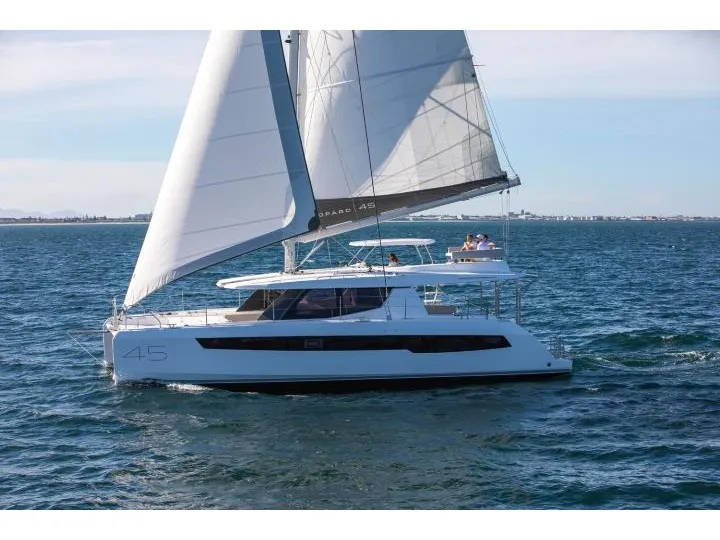 Exterior view of SEAMANTA, a Leopard 45 catamaran at Azam Marina, Tanzania