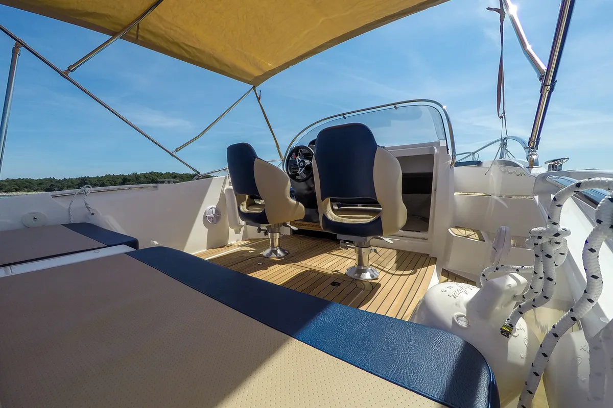 Deck of Galeon Galia 630, a motorboat at Mali Lošinj, Croatia