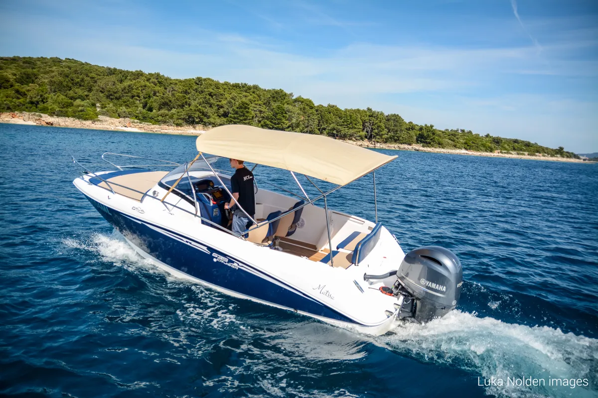 Exterior view of Galeon Galia 630, a motorboat at Mali Lošinj, Croatia