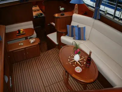 Cabin on Evolution, a De Drait Reline 1260 motorboat at Drachten, Netherlands