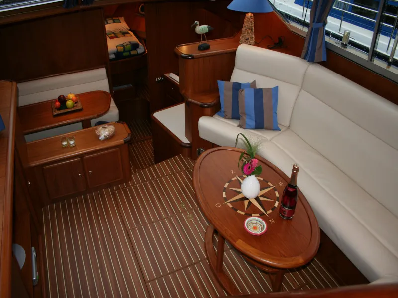 Cabin on Evolution, a De Drait Reline 1260 motorboat at Drachten, Netherlands