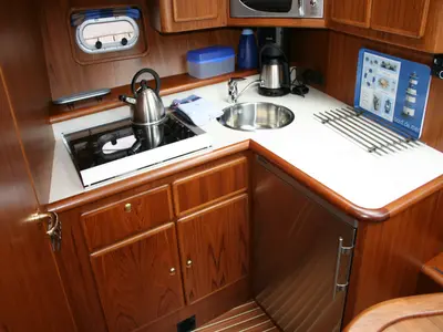 Cockpit of Evolution, a De Drait Reline 1260 motorboat at Drachten, Netherlands