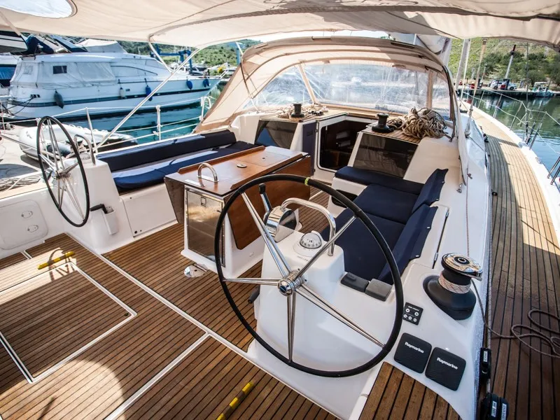 Cockpit of Kazka, a Dufour Exclusive 56 sailboat at Primošten, Croatia