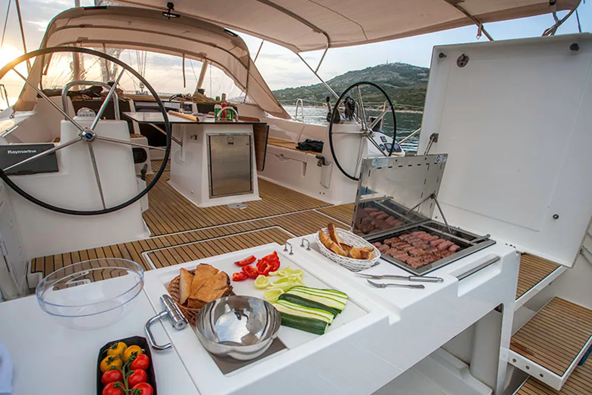 Deck of Kazka, a Dufour Exclusive 56 sailboat at Primošten, Croatia