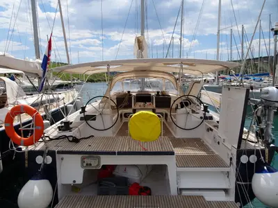 Cockpit of Kazka, a Dufour Exclusive 56 sailboat at Primošten, Croatia