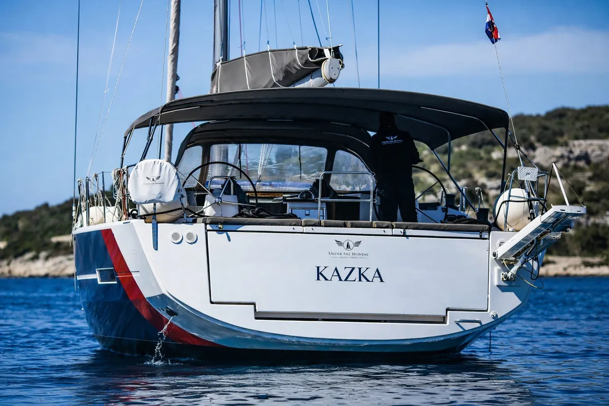 Exterior view of Kazka, a Dufour Exclusive 56 sailboat at Primošten, Croatia