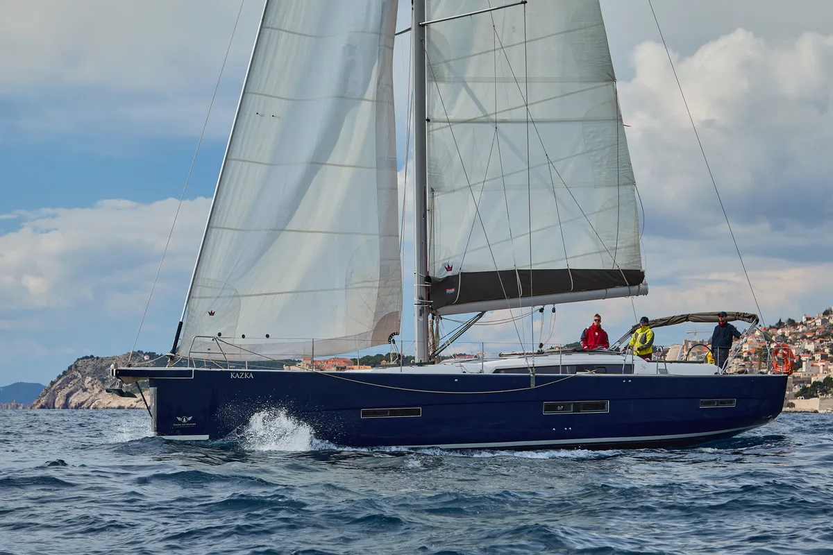 Exterior view of Kazka, a Dufour Exclusive 56 sailboat at Primošten, Croatia