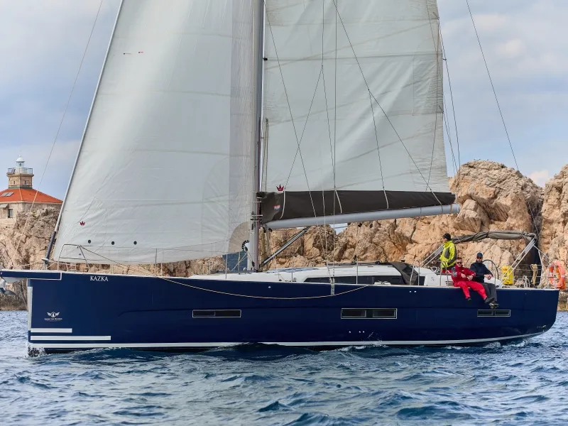Exterior view of Kazka, a Dufour Exclusive 56 sailboat at Primošten, Croatia