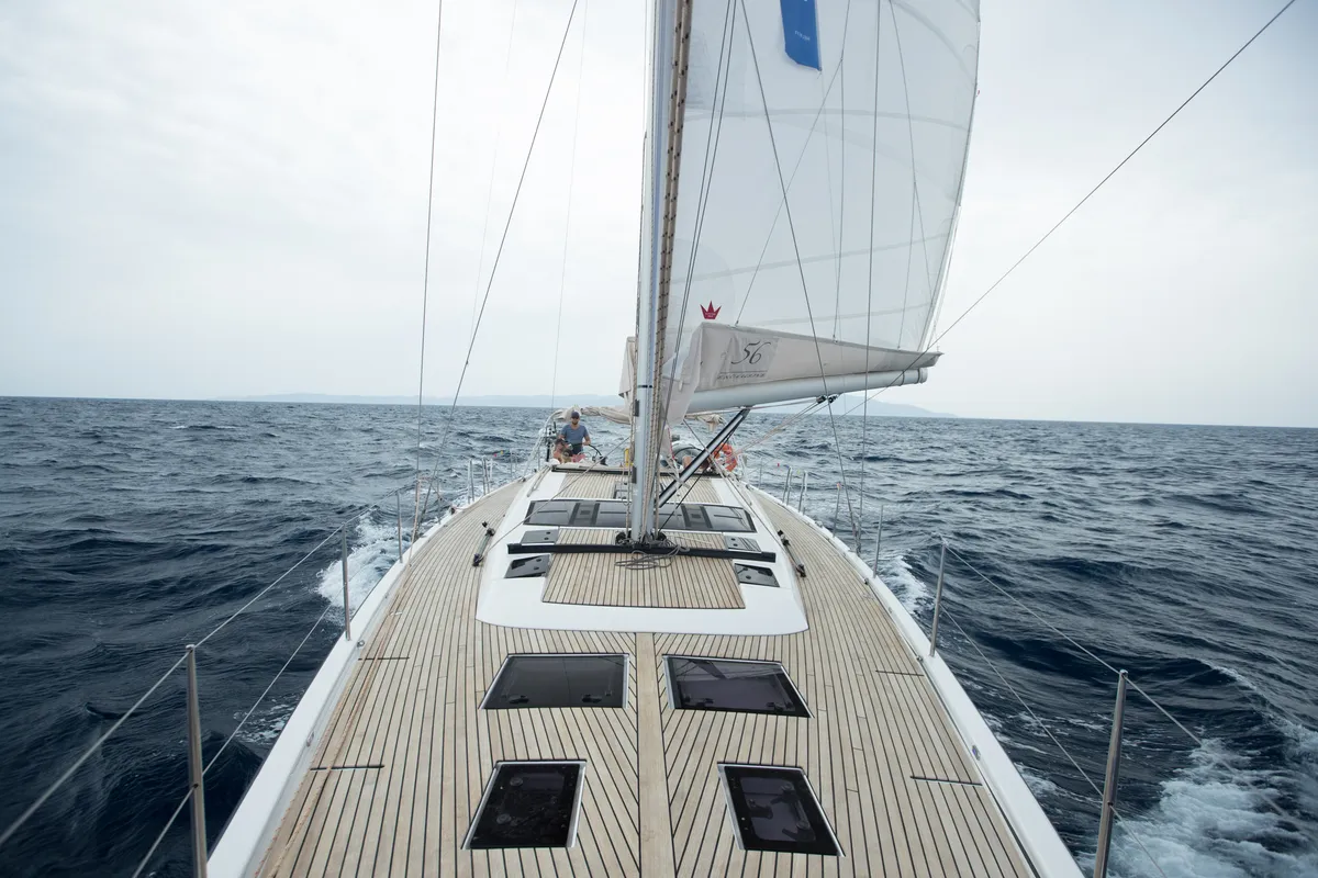 Exterior view of Kazka, a Dufour Exclusive 56 sailboat at Primošten, Croatia