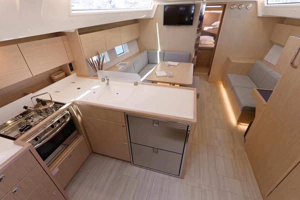 Galley of Manann II, a Bavaria C45 sailboat at Grad Kaštela, Croatia