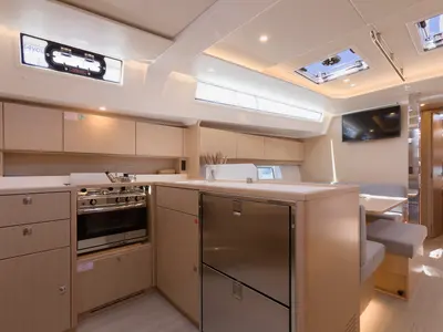 Galley of Manann II, a Bavaria C45 sailboat at Grad Kaštela, Croatia