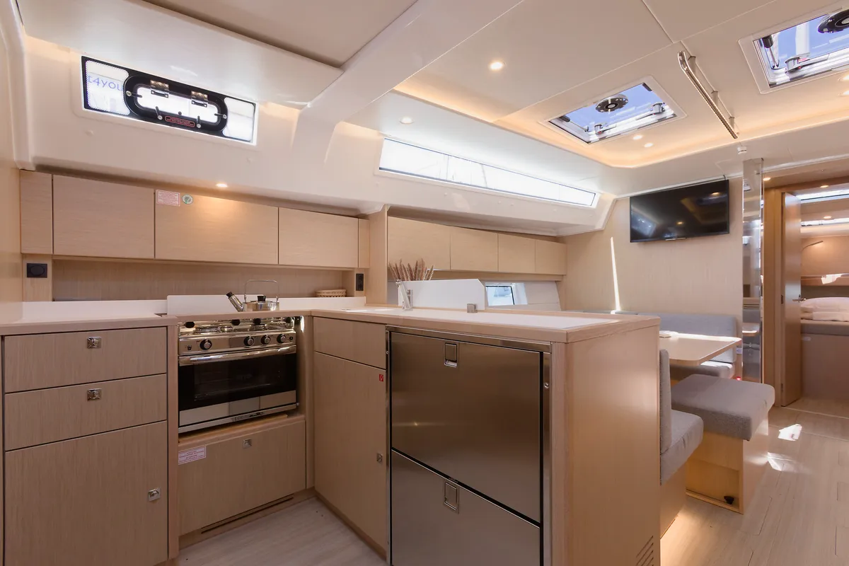 Galley of Manann II, a Bavaria C45 sailboat at Grad Kaštela, Croatia