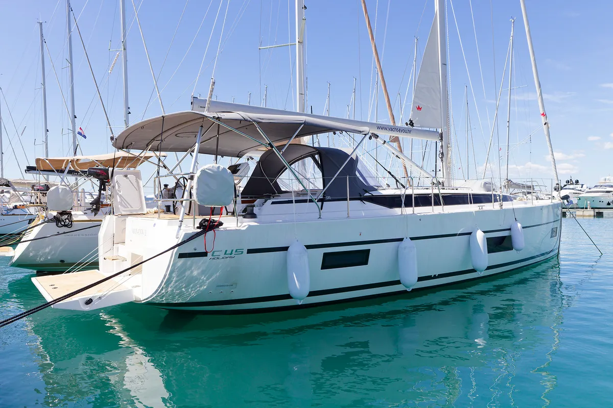 Exterior view of Manann II, a Bavaria C45 sailboat at Grad Kaštela, Croatia