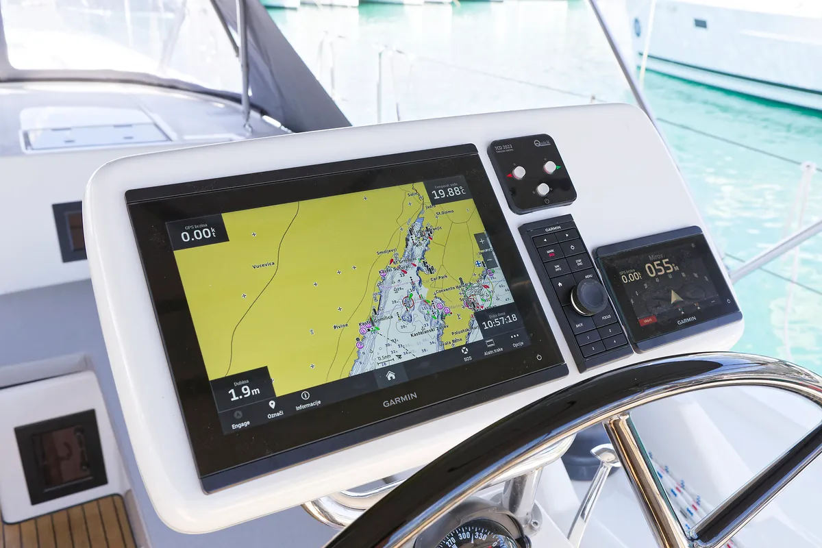 Cockpit of Manann II, a Bavaria C45 sailboat at Grad Kaštela, Croatia
