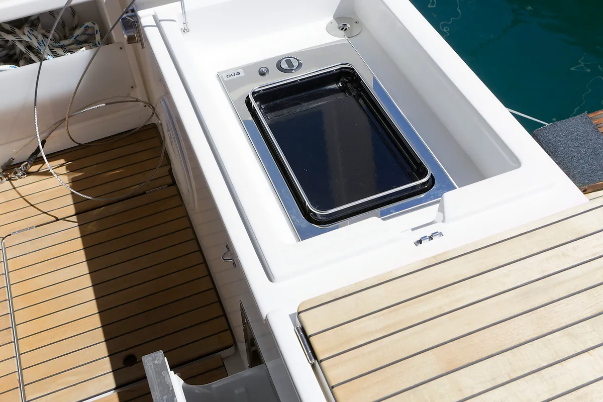 Deck of Manann II, a Bavaria C45 sailboat at Grad Kaštela, Croatia
