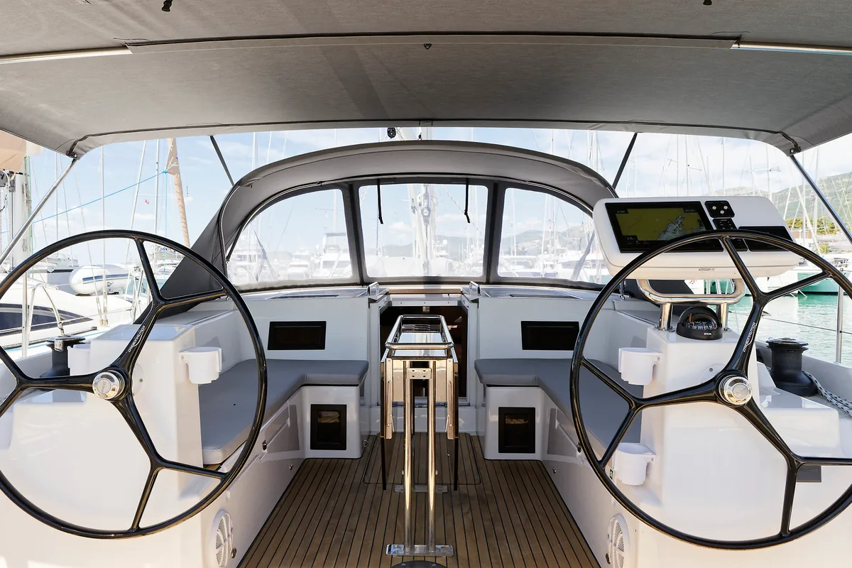 Cockpit of Manann II, a Bavaria C45 sailboat at Grad Kaštela, Croatia