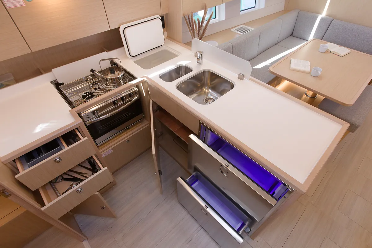 Galley of Manann II, a Bavaria C45 sailboat at Grad Kaštela, Croatia