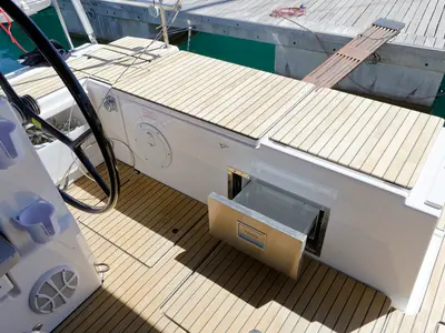 Deck of Manann II, a Bavaria C45 sailboat at Grad Kaštela, Croatia