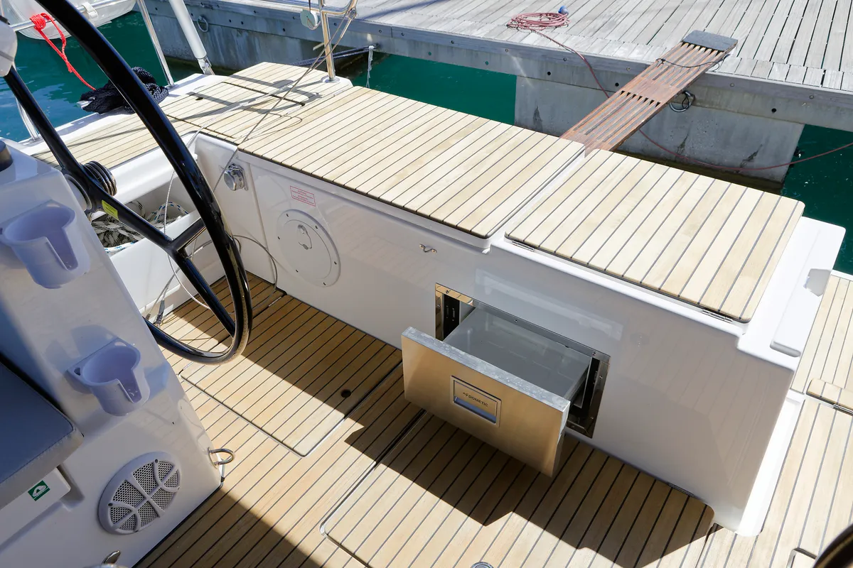 Deck of Manann II, a Bavaria C45 sailboat at Grad Kaštela, Croatia