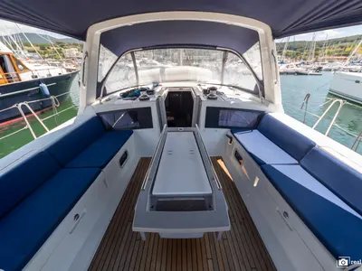 Deck of Anthea, a Beneteau Oceanis 48 sailboat at Puntone di Scarlino, Italy