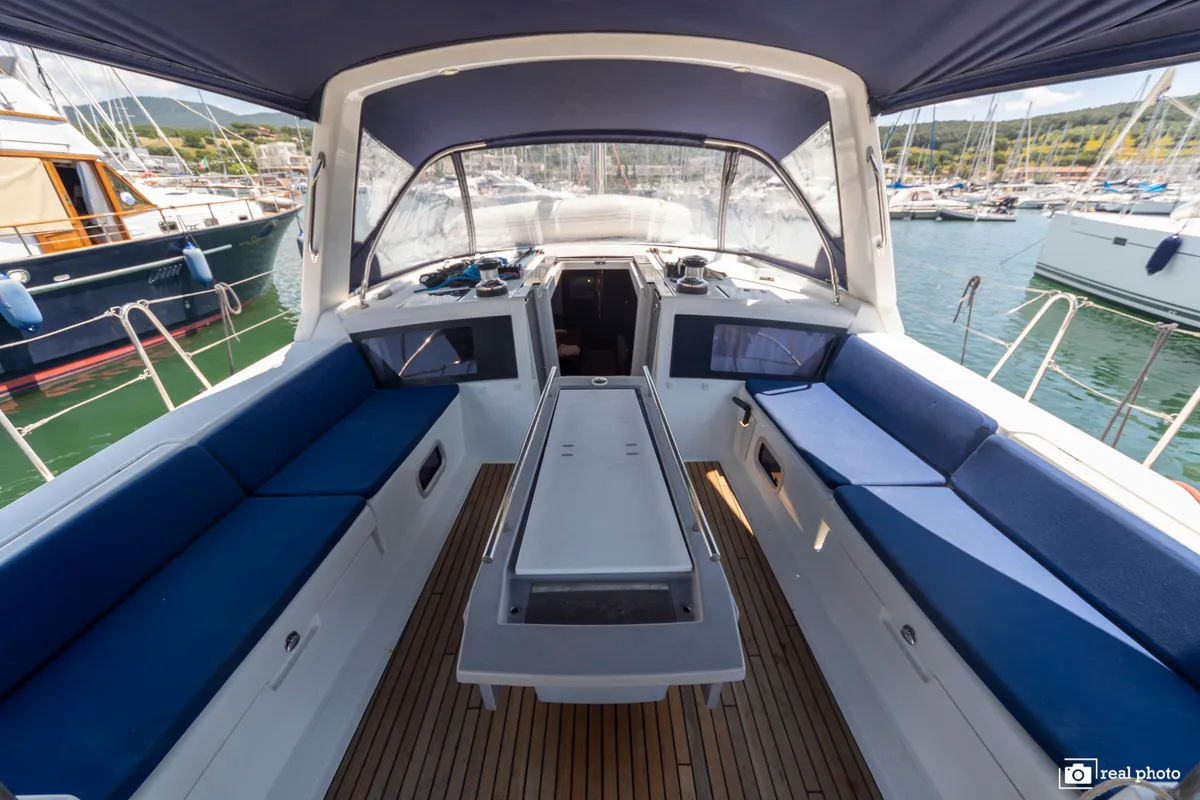 Deck of Anthea, a Beneteau Oceanis 48 sailboat at Puntone di Scarlino, Italy