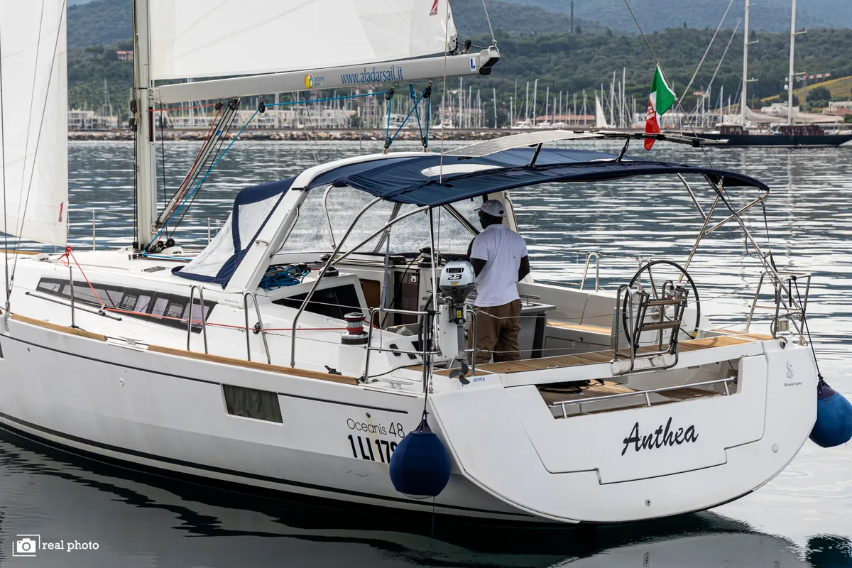 Exterior view of Anthea, a Beneteau Oceanis 48 sailboat at Puntone di Scarlino, Italy