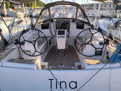 Cockpit of Tina, a Jeanneau Sun Odyssey 389 sailboat at Grad Pula, Croatia