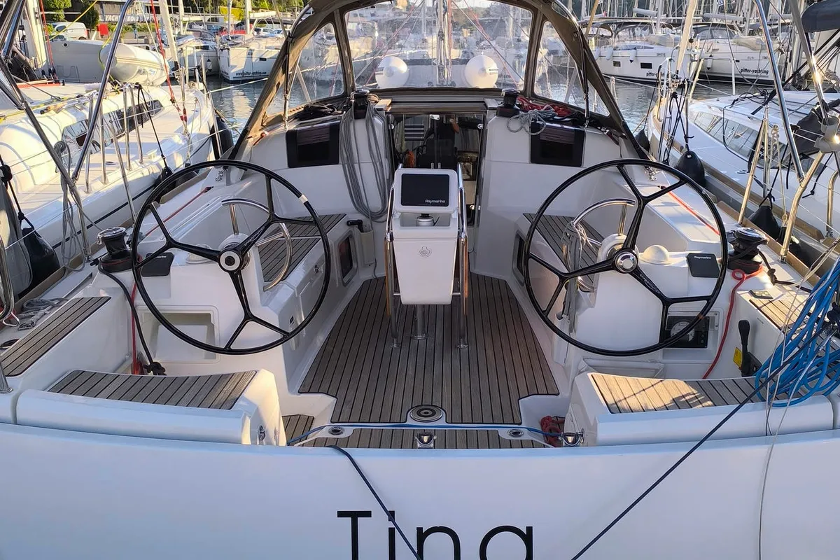 Cockpit of Tina, a Jeanneau Sun Odyssey 389 sailboat at Grad Pula, Croatia