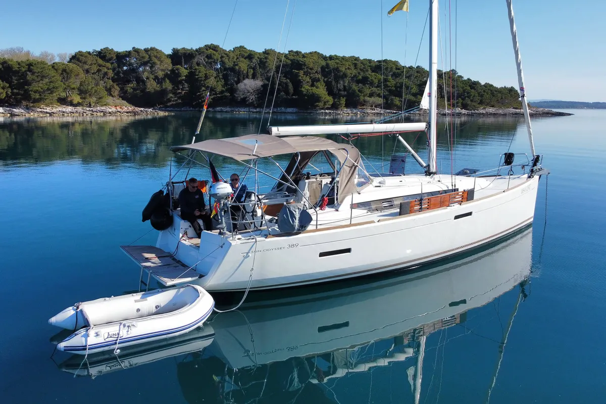 Exterior view of Tina, a Jeanneau Sun Odyssey 389 sailboat at Grad Pula, Croatia