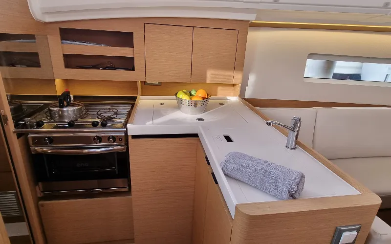 Galley of Sunny, a Jeanneau Sun Odyssey 380 sailboat at Vallauris, France