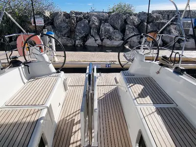 Cockpit of Sunny, a Jeanneau Sun Odyssey 380 sailboat at Vallauris, France