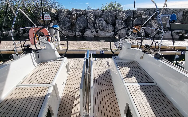 Cockpit of Sunny, a Jeanneau Sun Odyssey 380 sailboat at Vallauris, France
