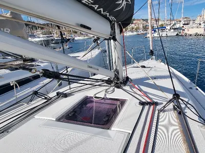 Deck of Sunny, a Jeanneau Sun Odyssey 380 sailboat at Vallauris, France