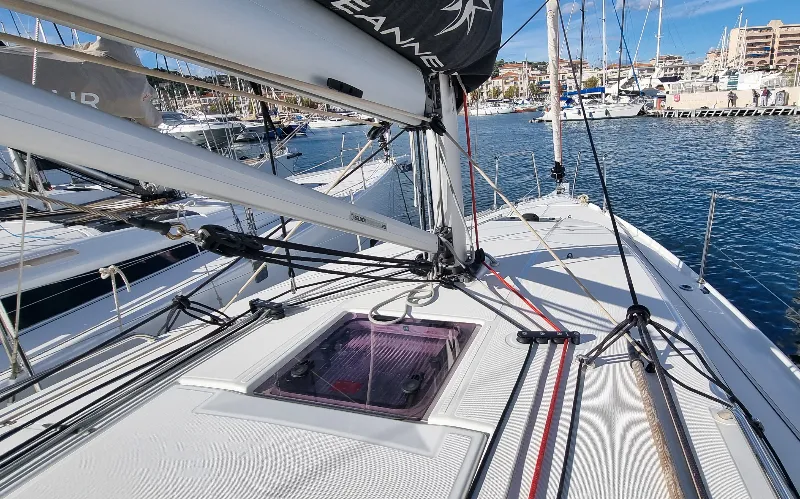 Deck of Sunny, a Jeanneau Sun Odyssey 380 sailboat at Vallauris, France
