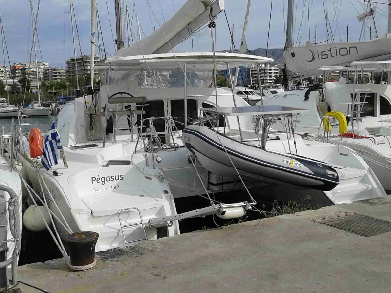 Exterior view of Pegasus, a Lagoon 380 S2 catamaran at Municipal Unit of Rhodes, Greece