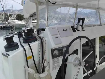 Cockpit of Pegasus, a Lagoon 380 S2 catamaran at Municipal Unit of Rhodes, Greece