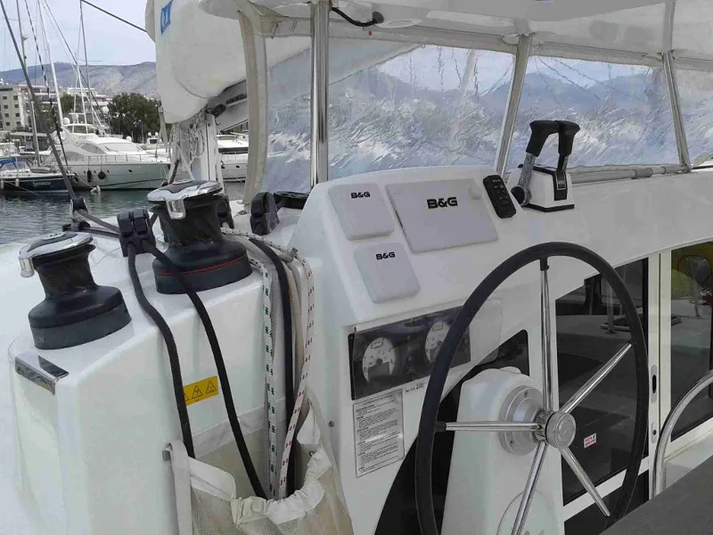 Cockpit of Pegasus, a Lagoon 380 S2 catamaran at Municipal Unit of Rhodes, Greece