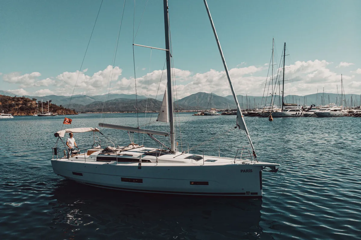 Exterior view of Paris, a Dufour 390 sailboat at Fethiye, Turkey