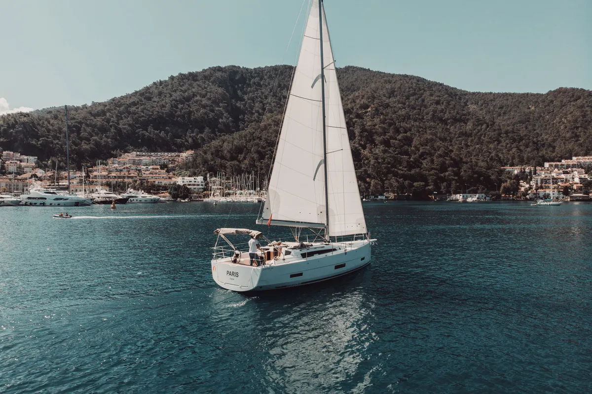 Exterior view of Paris, a Dufour 390 sailboat at Fethiye, Turkey