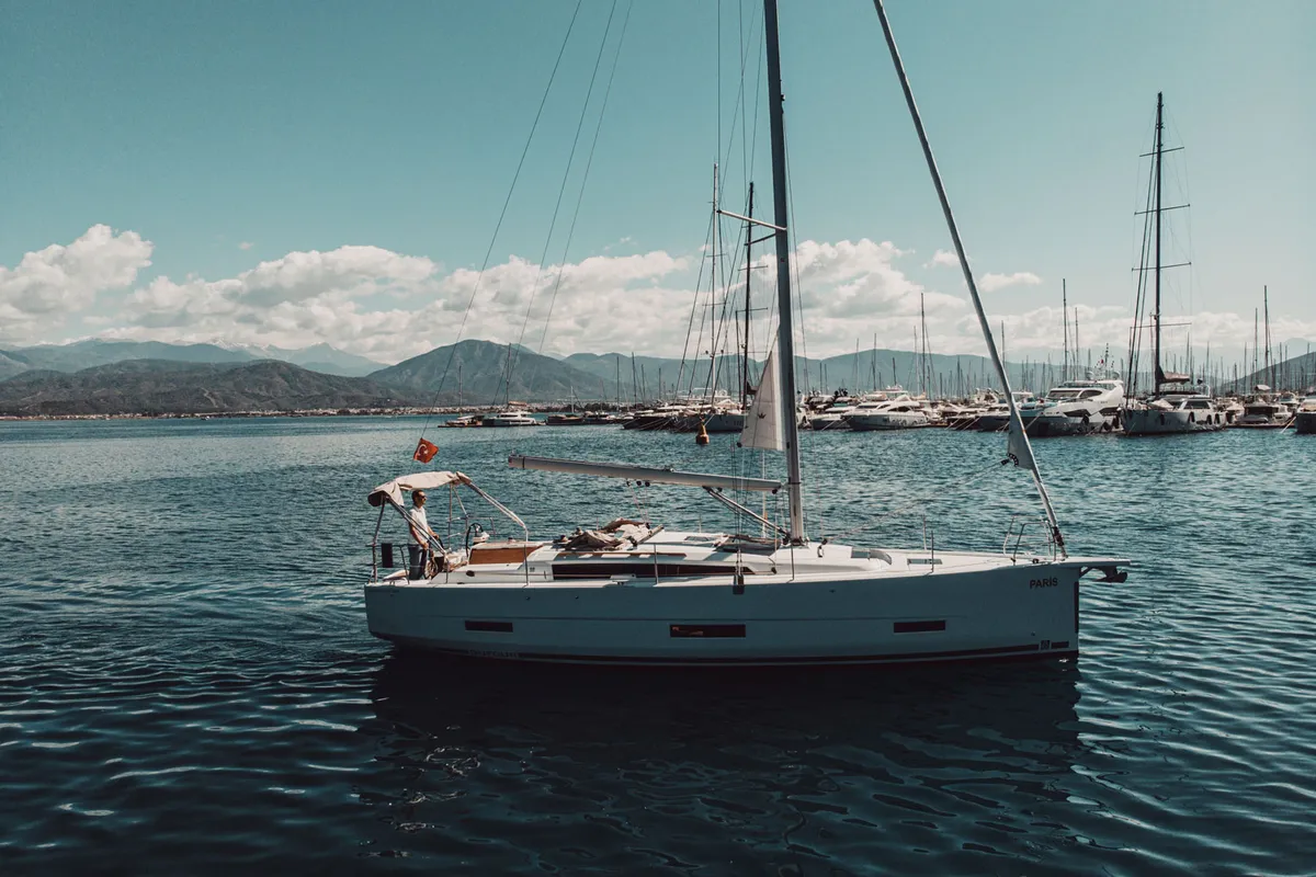 Exterior view of Paris, a Dufour 390 sailboat at Fethiye, Turkey