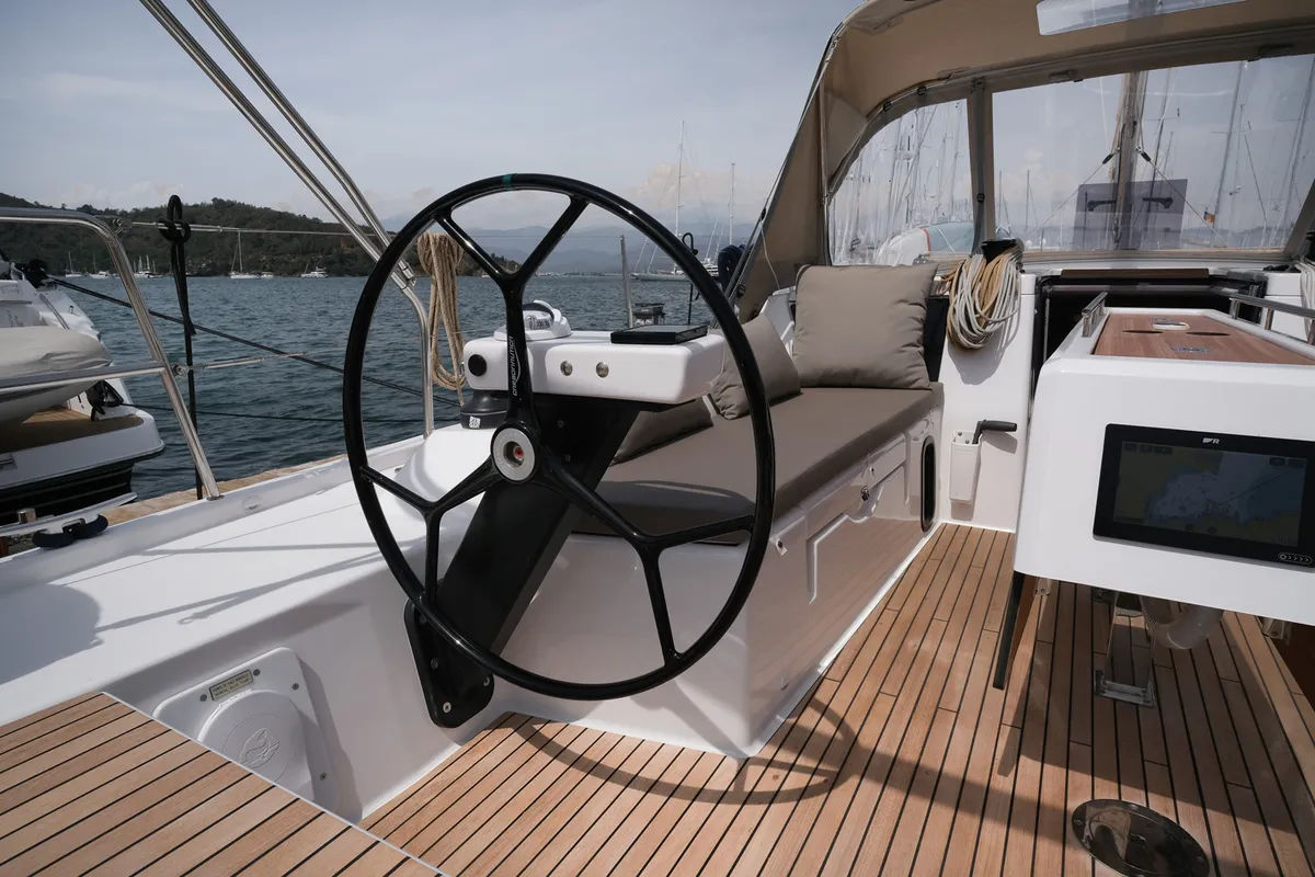 Cockpit of Paris, a Dufour 390 sailboat at Fethiye, Turkey