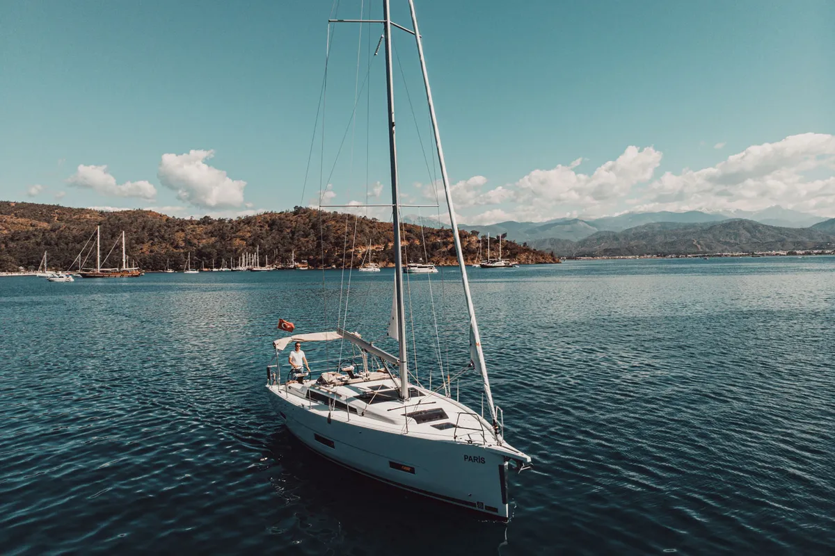 Exterior view of Paris, a Dufour 390 sailboat at Fethiye, Turkey