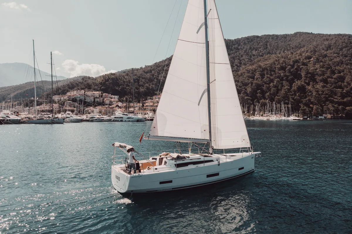 Exterior view of Paris, a Dufour 390 sailboat at Fethiye, Turkey