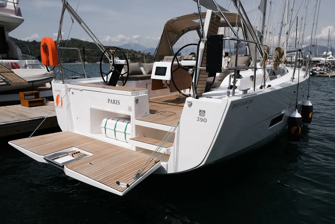 Exterior view of Paris, a Dufour 390 sailboat at Fethiye, Turkey