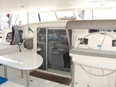 Cockpit of Alboran Ron Punch (Majorca), a Voyage 440 catamaran at es Jonquet, Spain