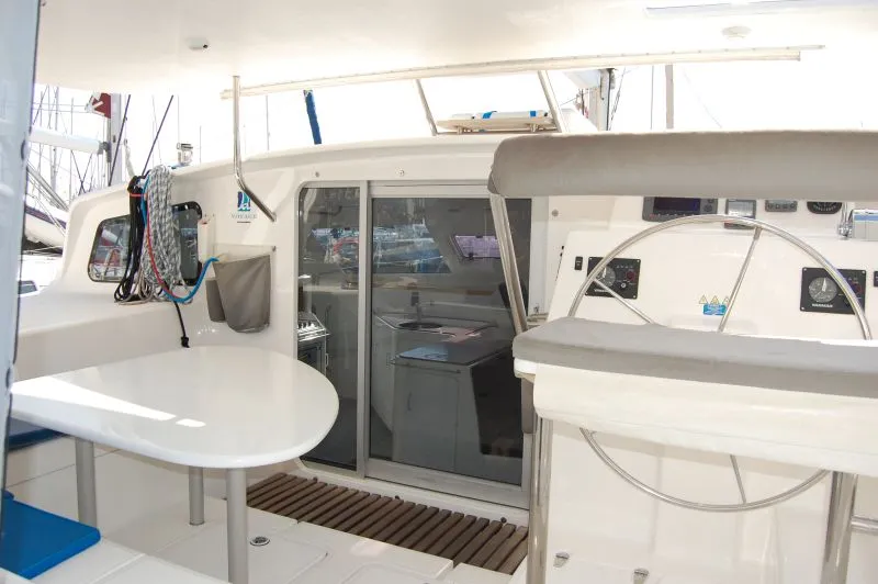 Cockpit of Alboran Ron Punch (Majorca), a Voyage 440 catamaran at es Jonquet, Spain