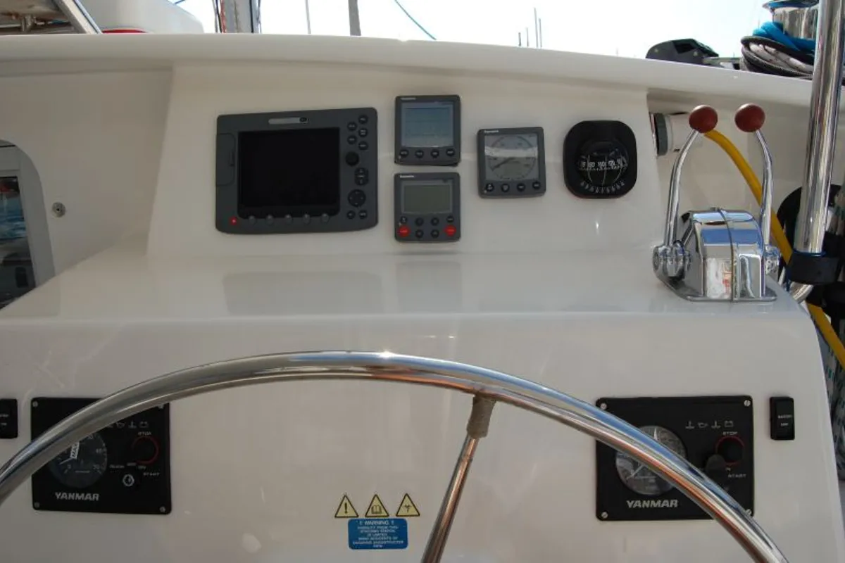 Cockpit of Alboran Ron Punch (Majorca), a Voyage 440 catamaran at es Jonquet, Spain