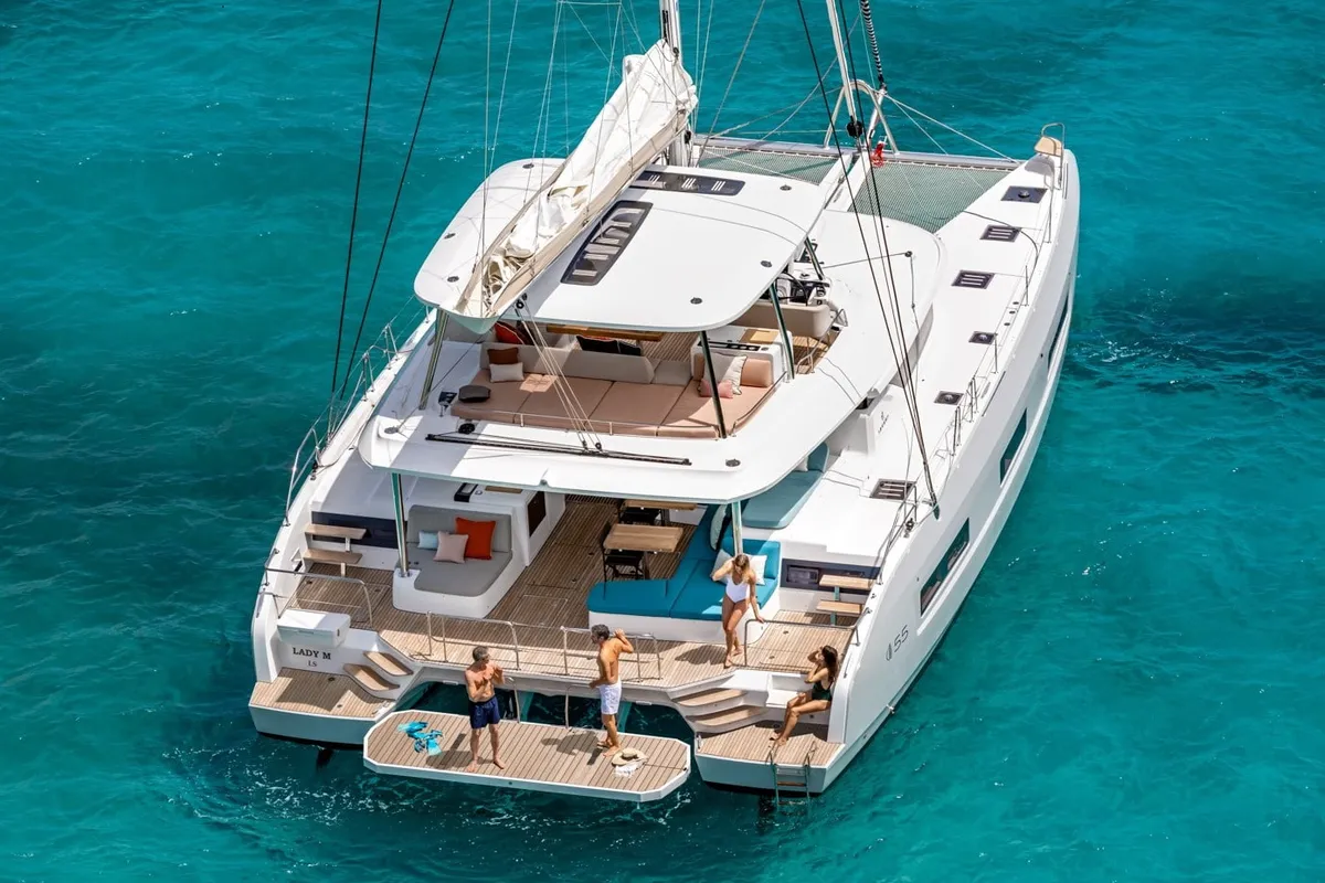 Exterior view of Premium +, a Lagoon 55 catamaran at Trapani, Italy