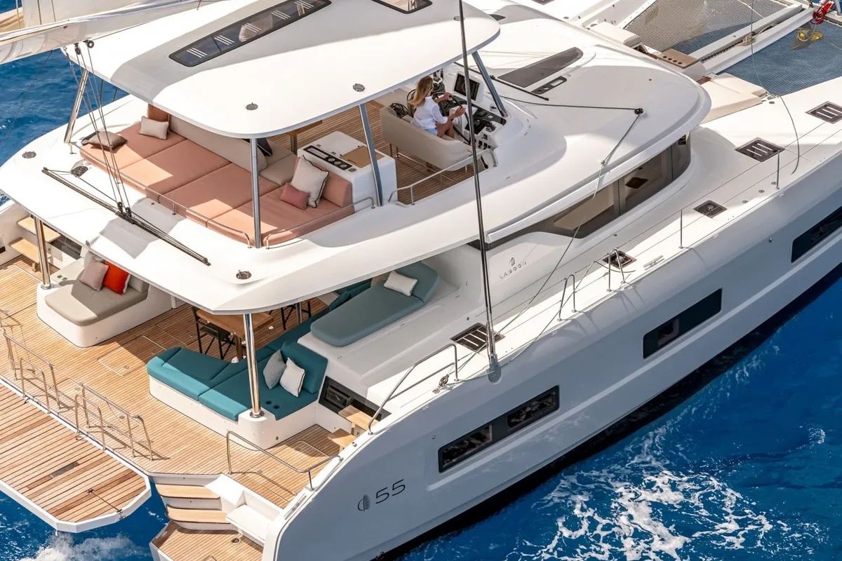 Exterior view of Premium +, a Lagoon 55 catamaran at Trapani, Italy